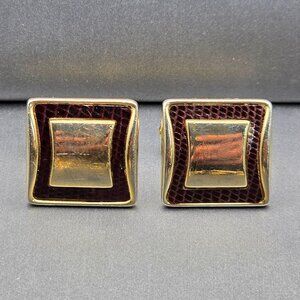 VTG Speidel Gold Tone & Brown Faux Leather Cufflinks .75" Bullet Back Made USA